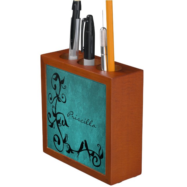 Teal Lovebirds Personalized Desk Organizer (In Situ)
