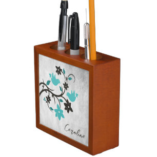Teal Lovebirds Personalized Desk Organizer