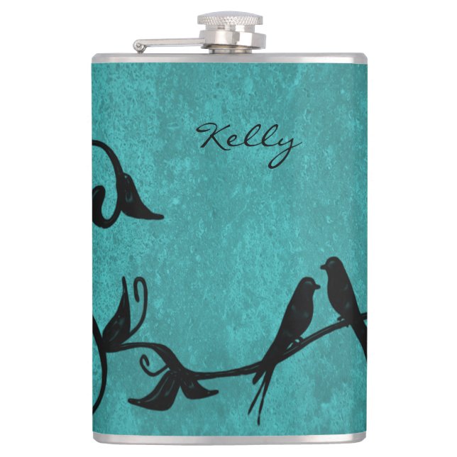 Teal Lovebirds Personalized Flask (Front)