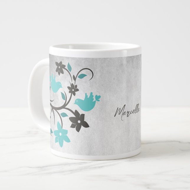 Teal Lovebirds Personalized Giant Coffee Mug (Front Left)