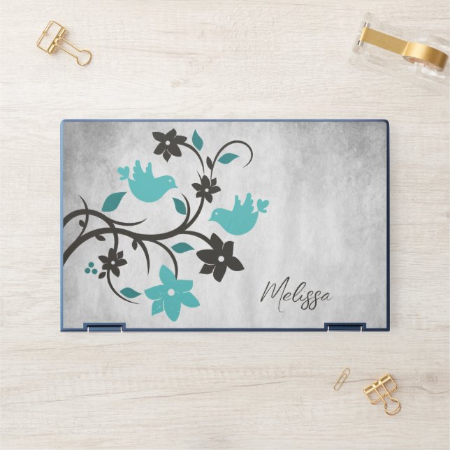 Teal Lovebirds Personalized HP Laptop Skin (Desk)