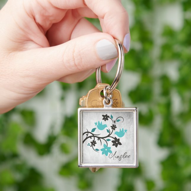 Teal Lovebirds Personalized Keychain (Hand)