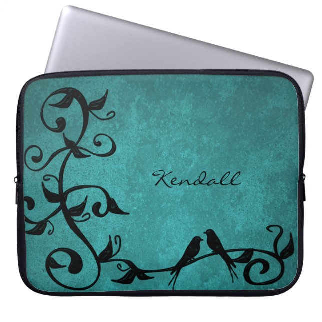 Teal Lovebirds Personalized Laptop Sleeve (Front)