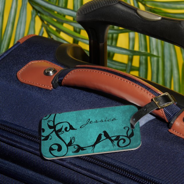 Teal Lovebirds Personalized Luggage Tag (Front Insitu 3)