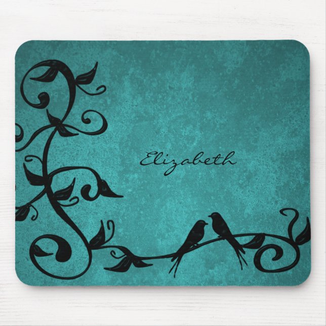 Teal Lovebirds Personalized Mouse Pad (Front)