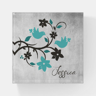 Teal Lovebirds Personalized Paperweight