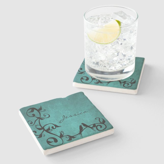 Teal Lovebirds Personalized Stone Coaster (Side)