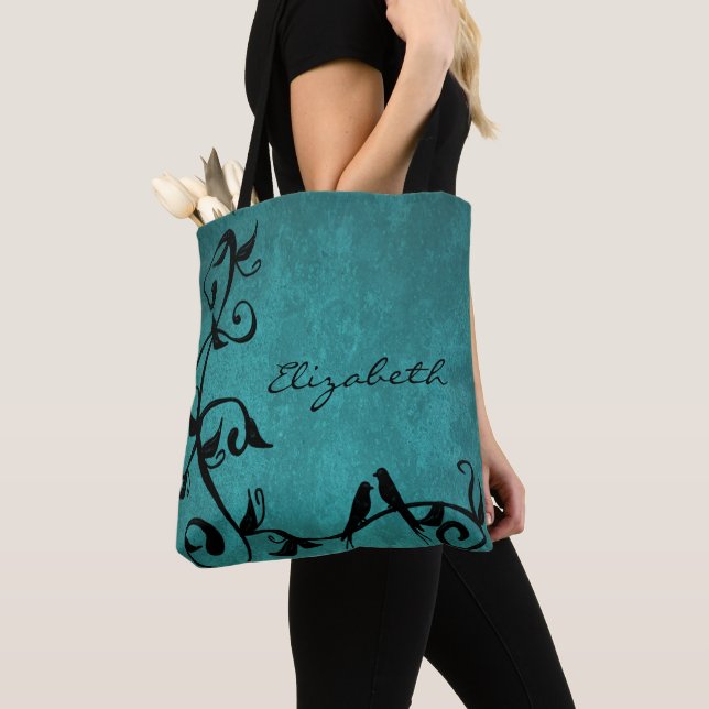 Teal Lovebirds Personalized Tote Bag (Close Up)