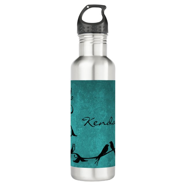Teal Lovebirds Personalized Water Bottle (Front)