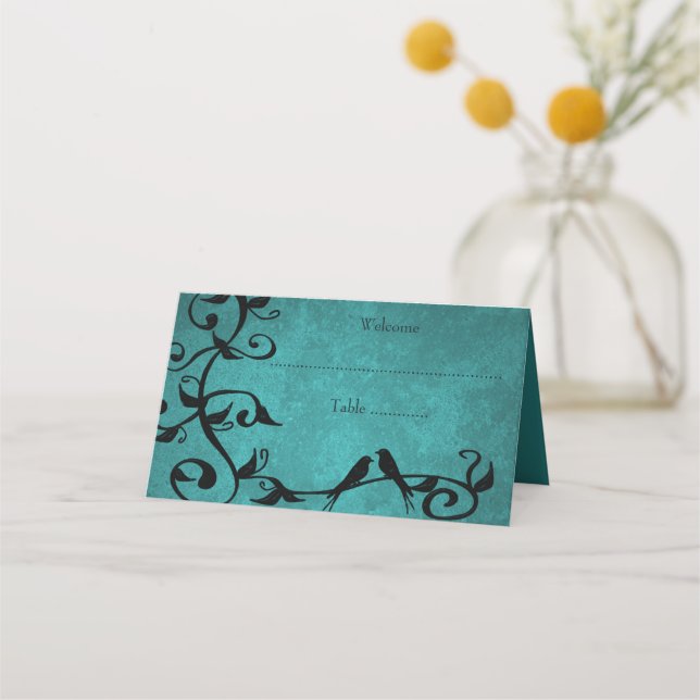 Teal Lovebirds Reception Place Card (Front)