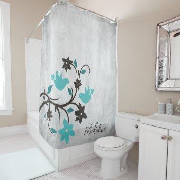 Teal Lovebirds Shower Curtain by Superstarbing at Zazzle