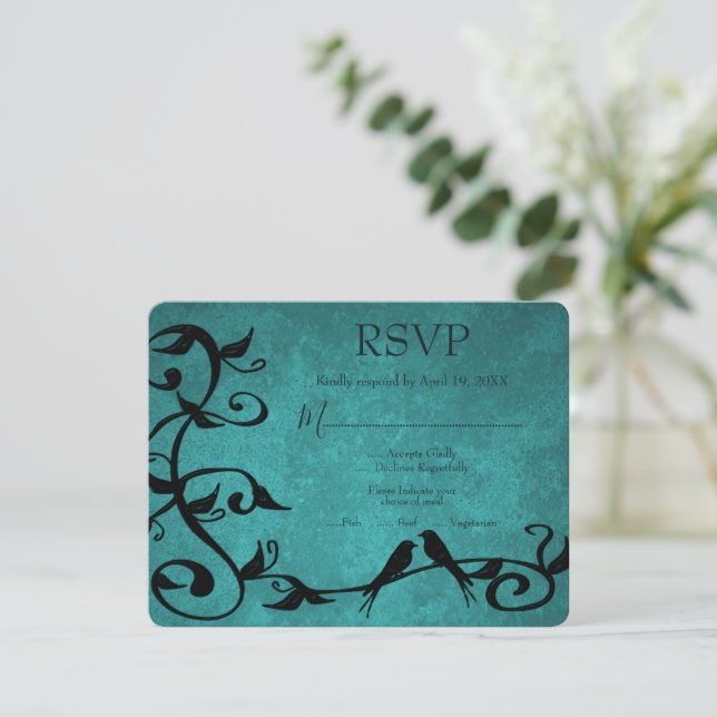 Teal Lovebirds Wedding RSVP Card (Standing Front)