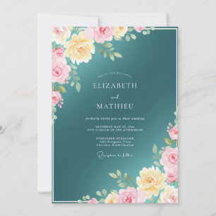 Teal Luminous Rose Wedding Invitation