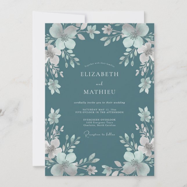 Teal Lush Watercolor Winter Wedding Invitation (Front)