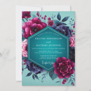 Teal Magenta Dramatic Bloom Wedding Invitation