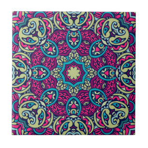 Teal, Magenta, Gold & Olive Eclectic Boho Mandala Ceramic Tile