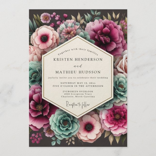 Teal & Magenta Lush Floral Wedding Invitation (Front)
