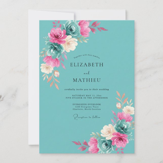 Teal Magenta Ranunculus Eucalyptus Wedding Invitation (Front)