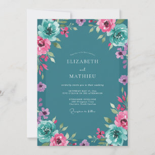 Teal Magenta Ranunculus Sage Wedding Invitation