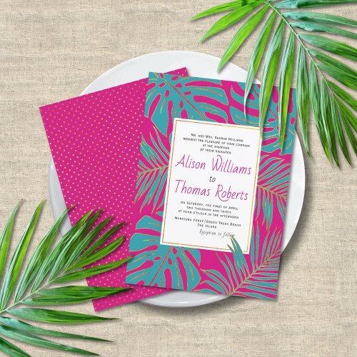 Teal magenta tropical monstera palm leaves wedding invitation