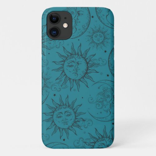 Teal Magic Vintage Celestial Sun Moon Stars iPhone 11 Case