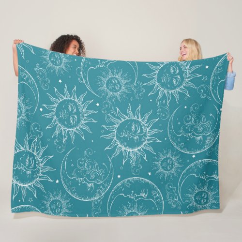 Teal Magic Vintage Celestial Sun Moon Stars Fleece Blanket