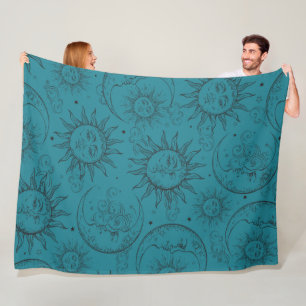 Teal Magic Vintage Celestial Sun Moon Stars Fleece Blanket