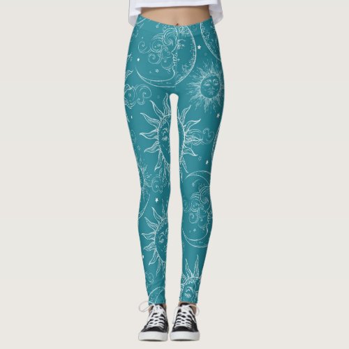 Teal Magic Vintage Celestial Sun Moon Stars Leggings