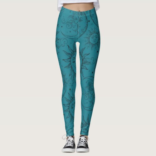 Teal Magic Vintage Celestial Sun Moon Stars Leggings