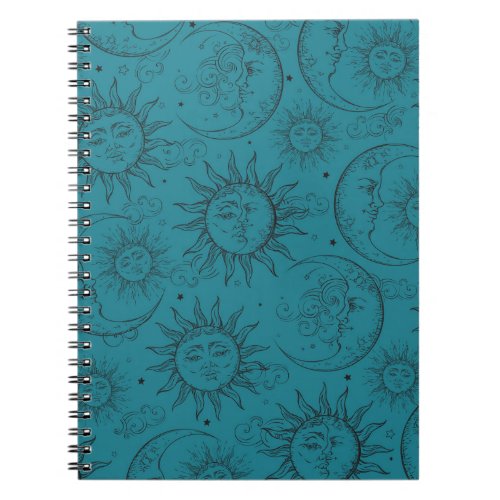 Teal Magic Vintage Celestial Sun Moon Stars Notebook