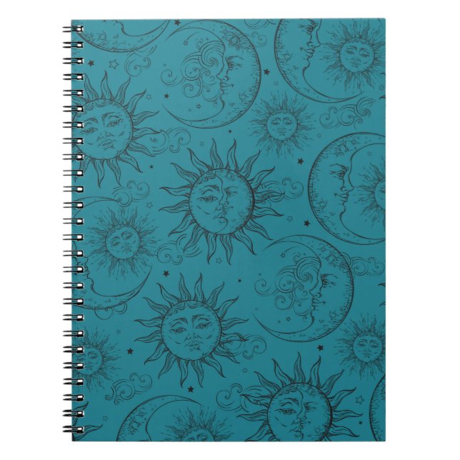 Teal Magic Vintage Celestial Sun Moon Stars Notebook (Front)