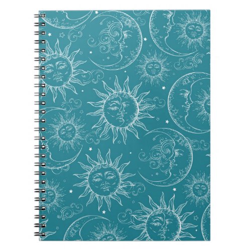 Teal Magic Vintage Celestial Sun Moon Stars Notebook