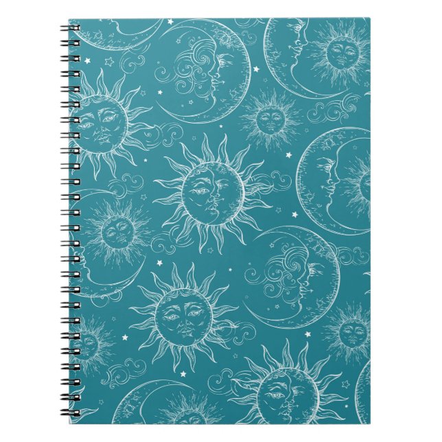 Teal Magic Vintage Celestial Sun Moon Stars Notebook (Front)