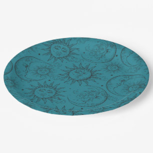 Teal Magic Vintage Celestial Sun Moon Stars Paper Plates
