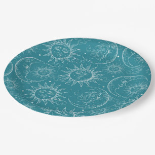 Teal Magic Vintage Celestial Sun Moon Stars Paper Plates