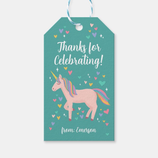 Teal Magical Unicorn Birthday Thank You Favor Tags (Front)