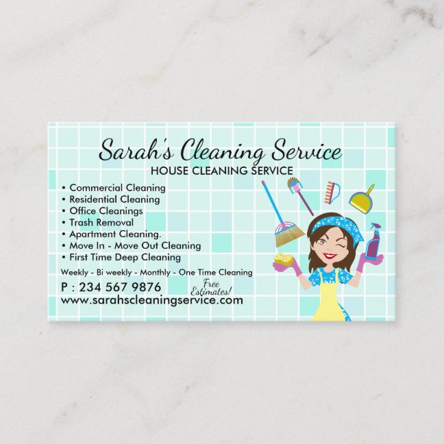 Teal Maid Janitorial Lady House Cleaning Service Business Card