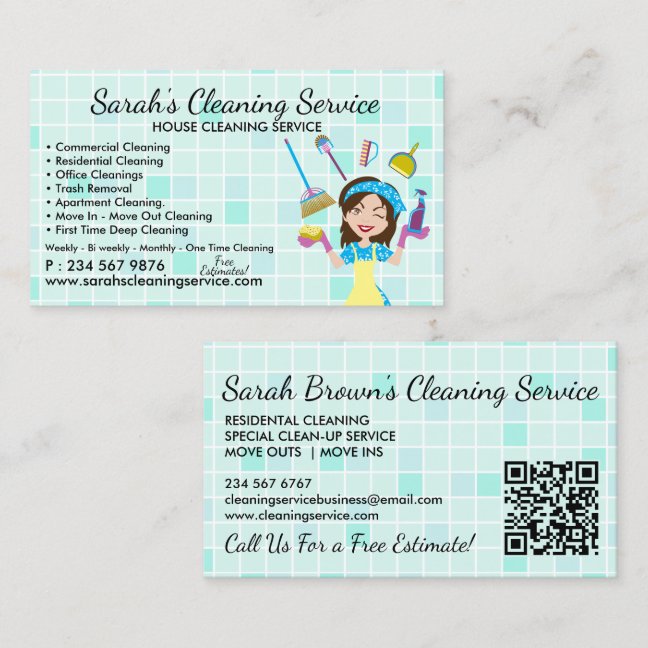 Teal Maid Janitorial Lady qr code Cleaning Service Business Card