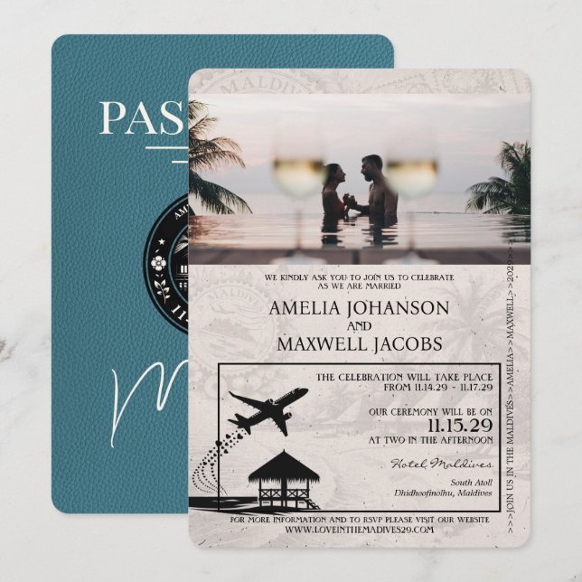 Teal Maldives Passport Wedding Invitation (Front/Back)