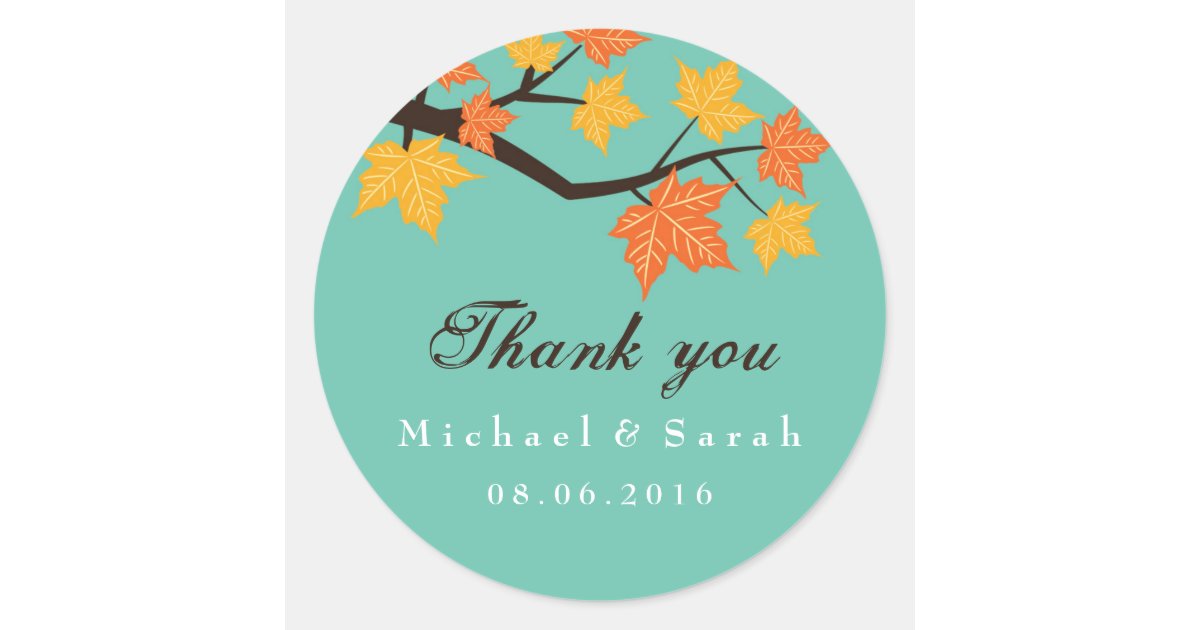 Teal Maple Leaves Fall Wedding Thank You Sticker | Zazzle