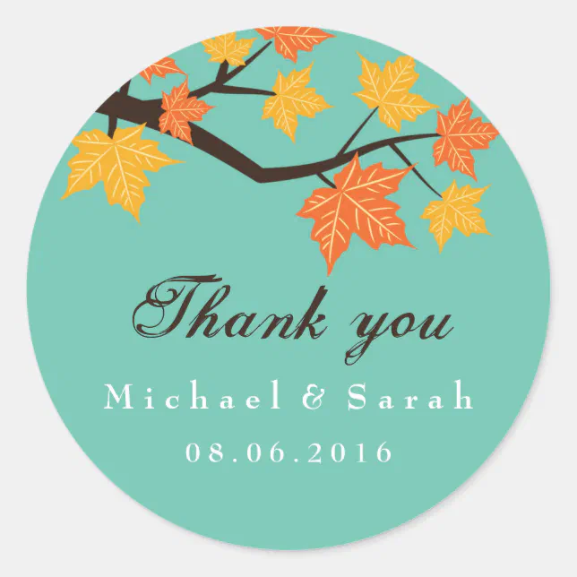 Teal Maple Leaves Fall Wedding Thank You Sticker | Zazzle
