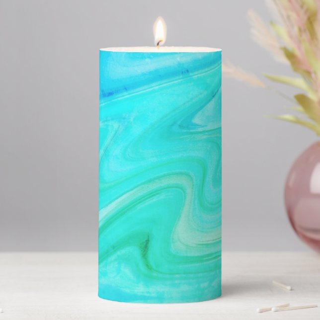 Teal marbeled pattern pillar candle (In Situ)