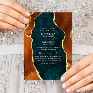 Teal Marble, Burnt Orange & Gold Agate Invitation
