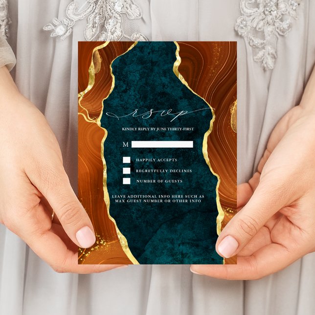 Teal Marble, Burnt Orange & Gold Agate RSVP Invitation (Creator Uploaded)