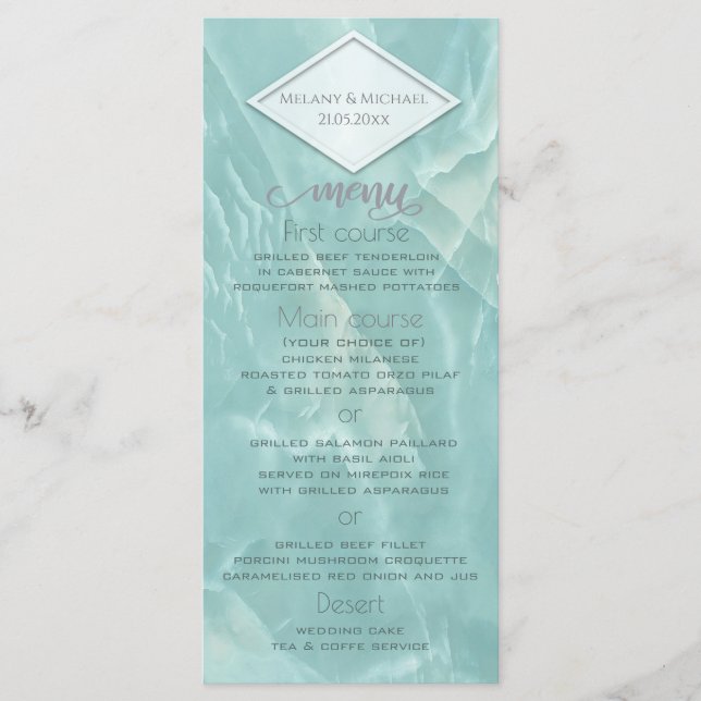 Teal marble geometrical romantic calligraphy menu (Front)