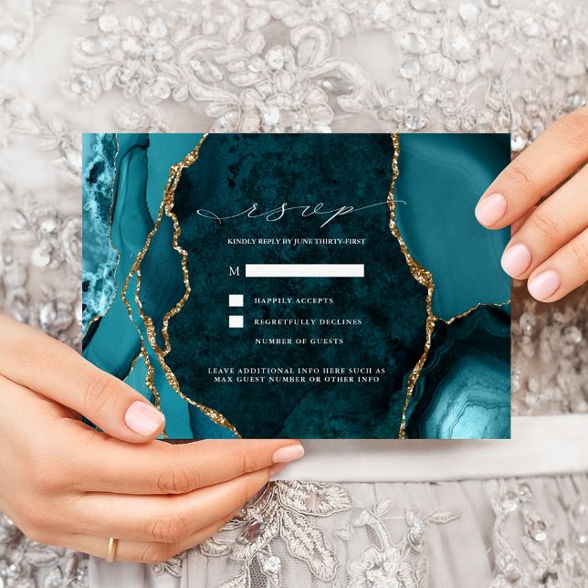 Teal, Marble & Gold Agate Wedding RSVP Invitation (Creator Uploaded)