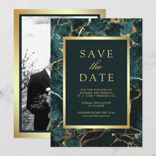 Teal Marble Gold Photo Wedding Save The Date