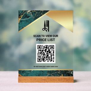 Teal Marble Hair Makeup Salon QR Code Price List Acrylic Sign