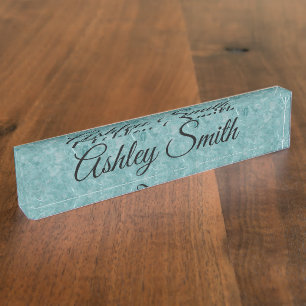 Teal Marble Image with Black Script Font Desk Name Plate