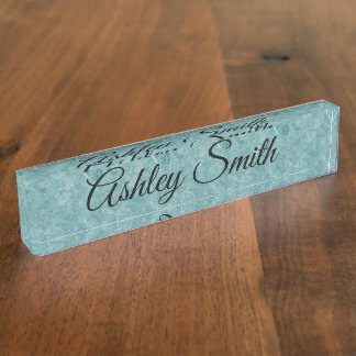 Teal Marble Image with Black Script Font Desk Name Plate